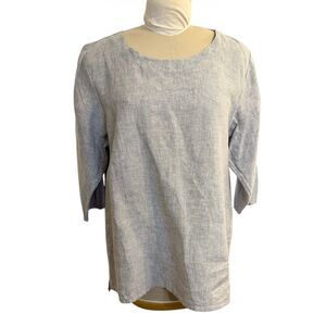 Match Point 100% Linen Flowy Top 3/4Sleeves Large Gray Lightweight Packable